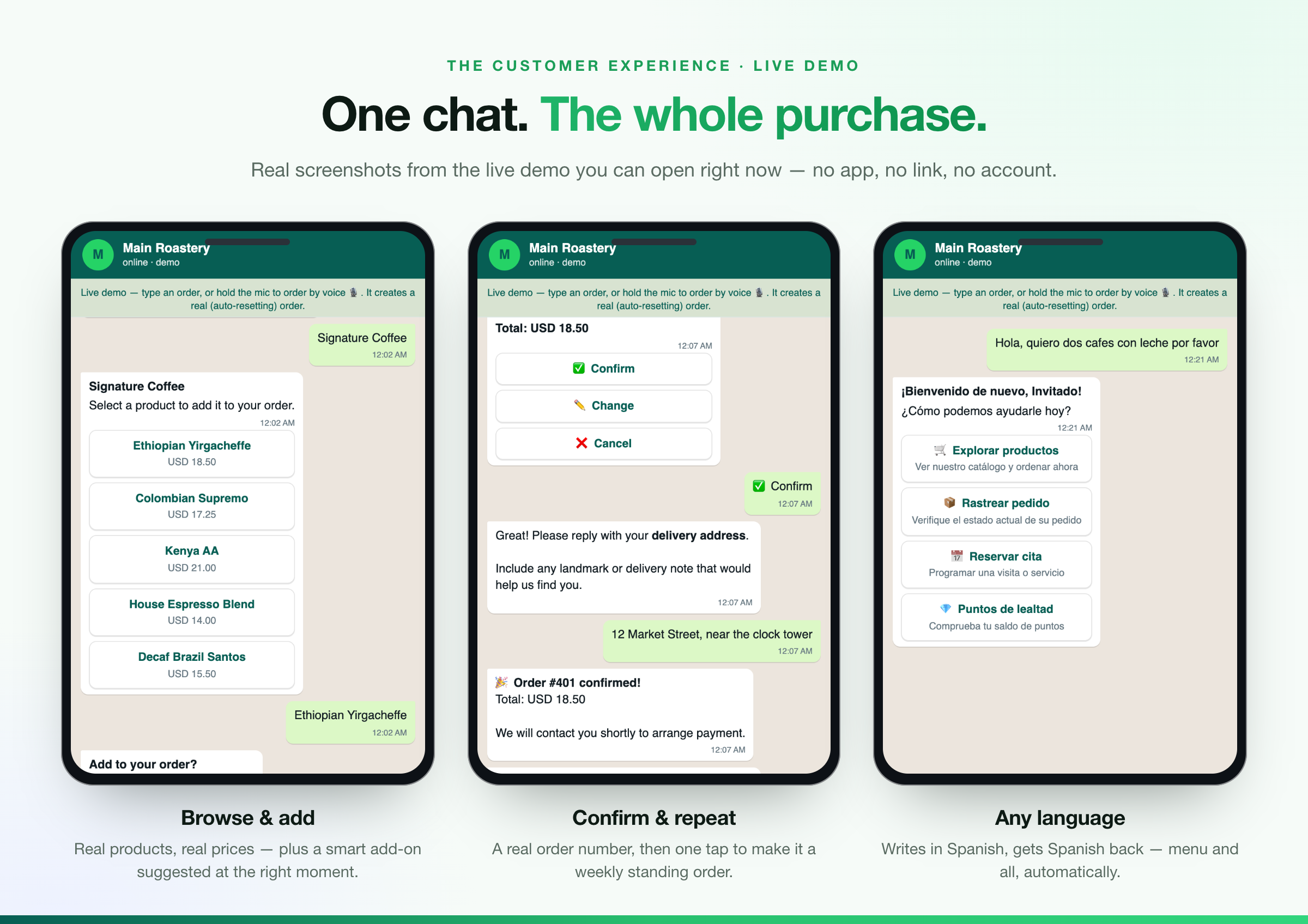 Real WhatsApp screenshots: browsing real products, confirming a real order and replying automatically in Spanish