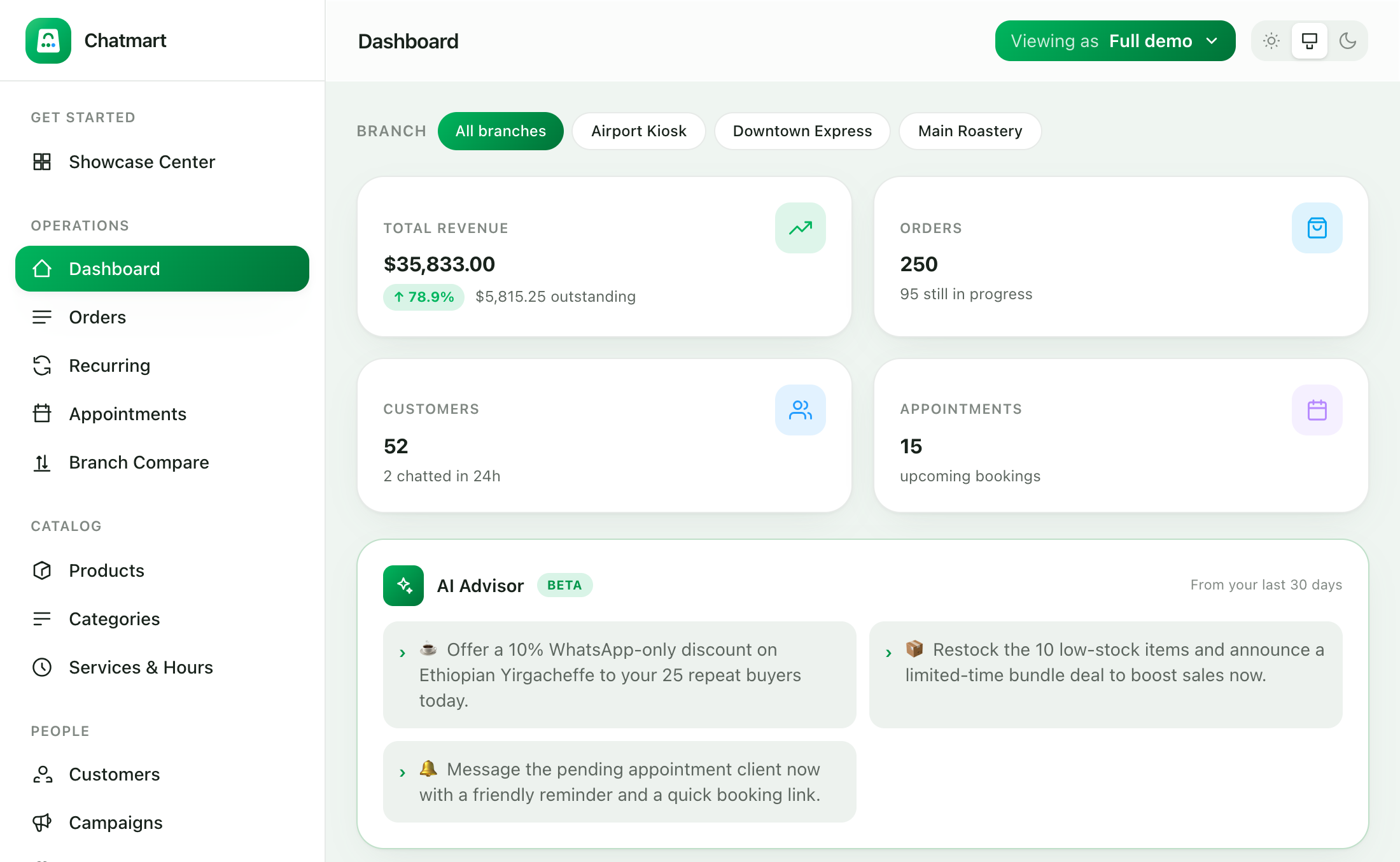 AI Advisor: plain-language growth tips drawn from your own sales and bookings