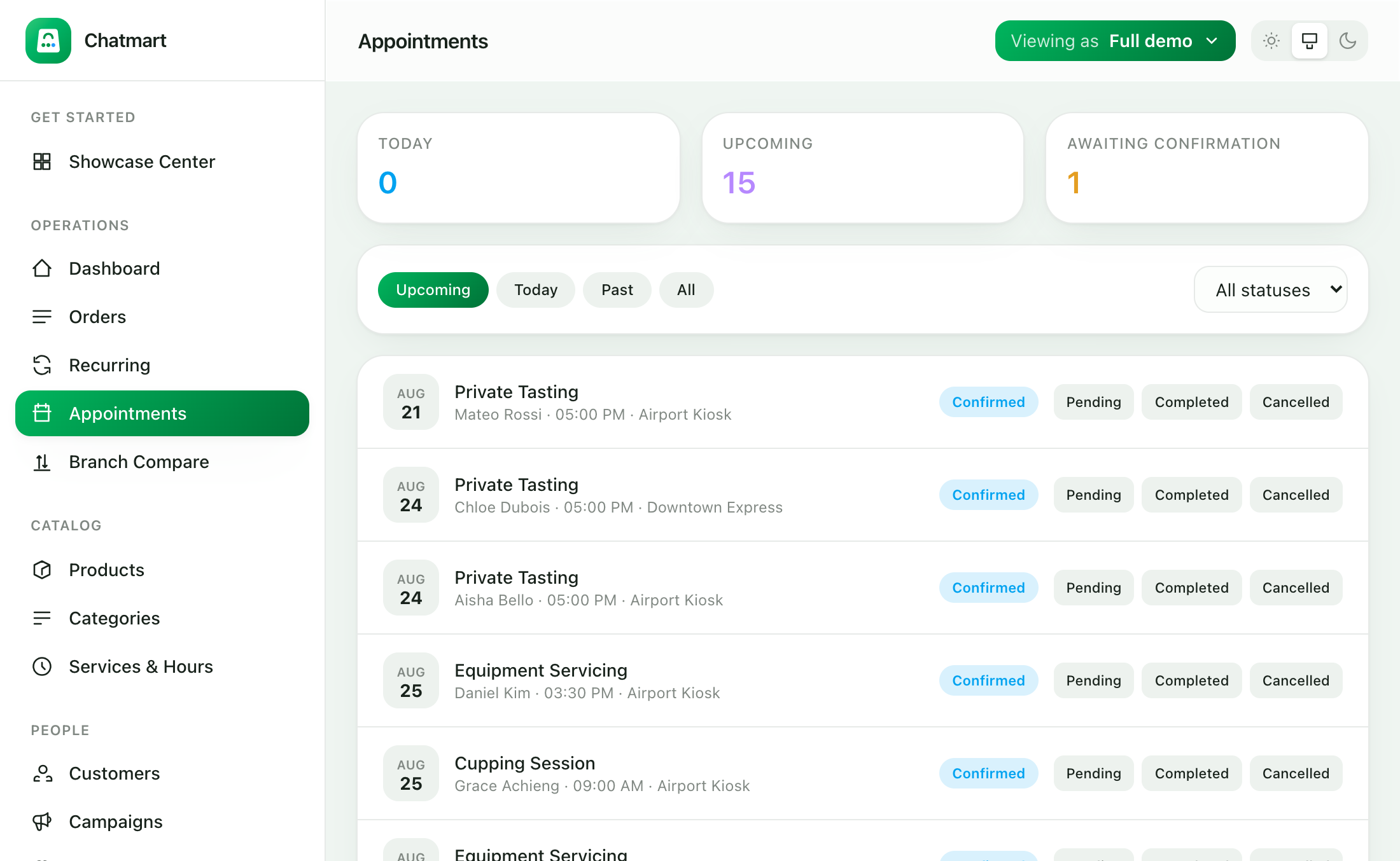 Chatmart appointments screen with live availability and confirmation tracking