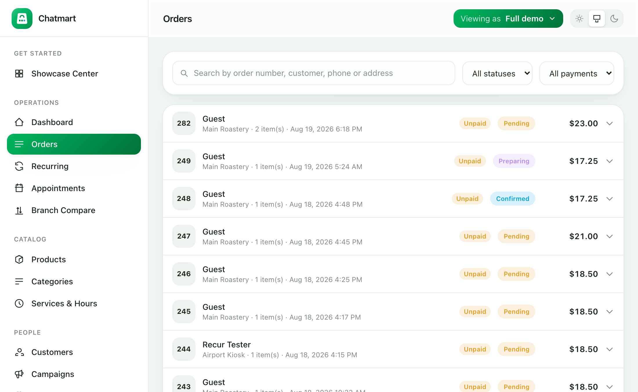 Chatmart orders queue with statuses, search and filters