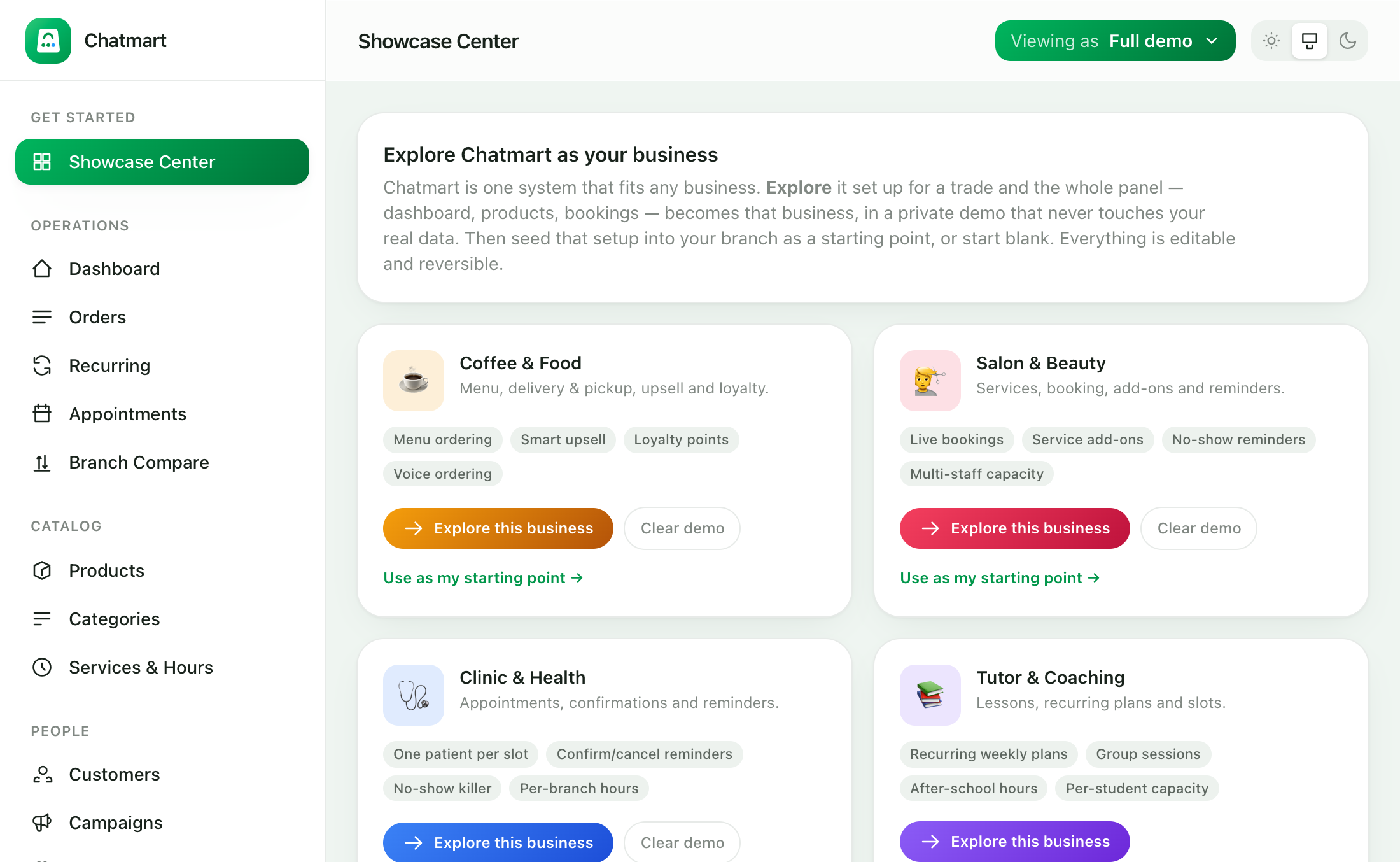 Showcase Center: preview and seed Chatmart set up for any industry