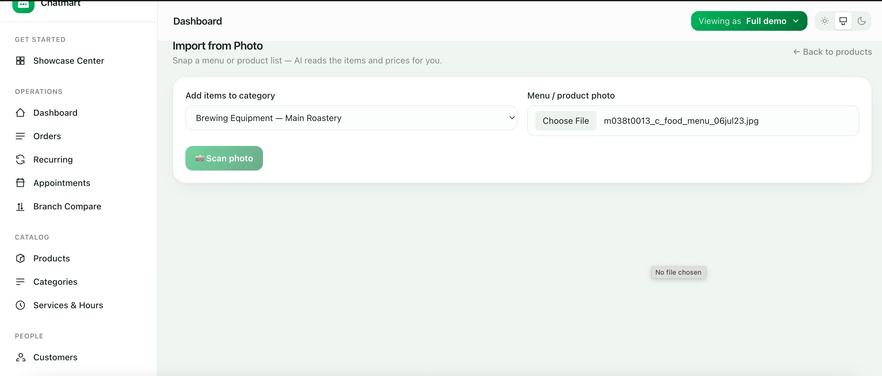 Snap-to-Catalog: choosing a photo of a food menu in the Chatmart admin panel