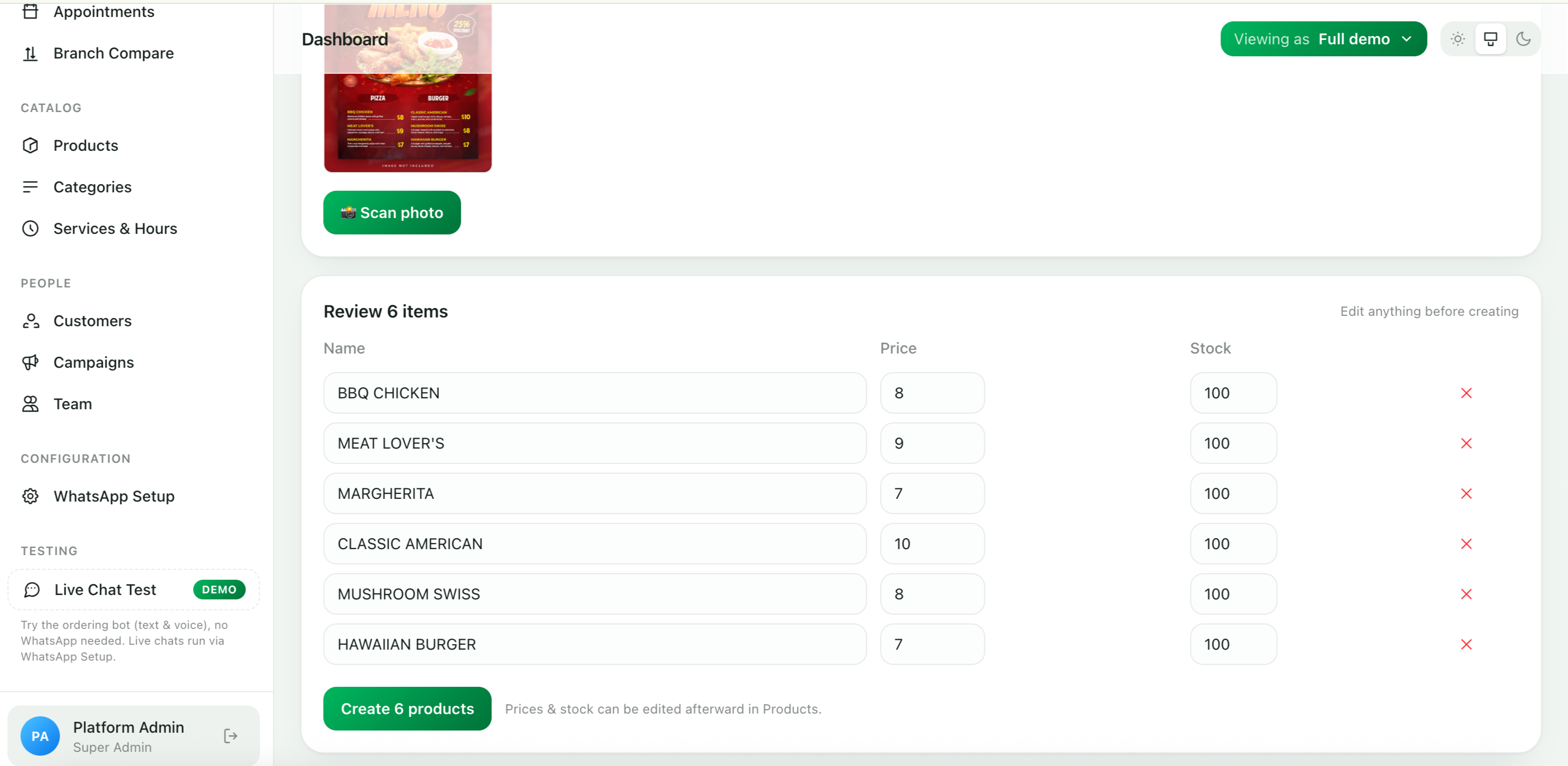 Snap-to-Catalog result: six products read from the menu photo with names, prices and stock, ready to create